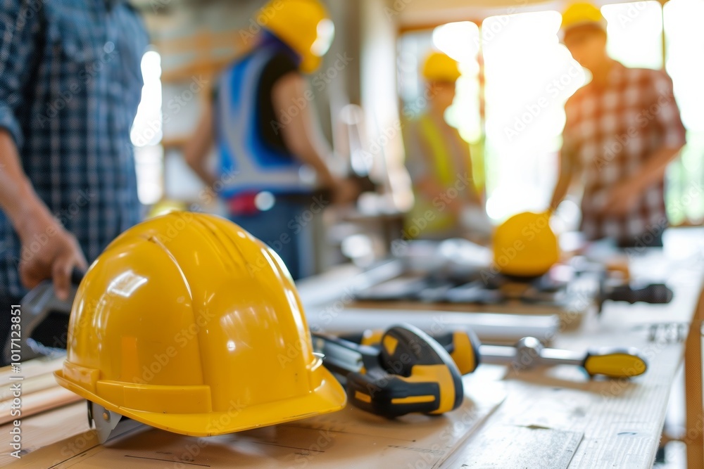 Poster a repair team collaborates at a construction site, utilizing tools and materials while prioritizing 