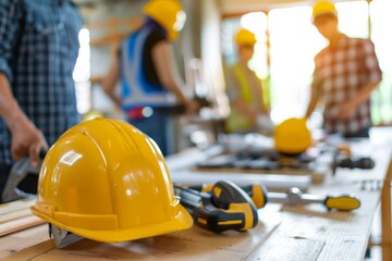 A repair team collaborates at a construction site, utilizing tools and materials while prioritizing safety and efficiency. Generative AI