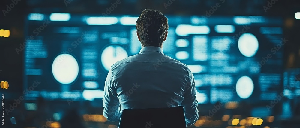 Poster viewpoint of a man analyzing data on a screen