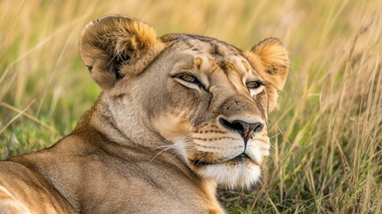 Naklejka premium Close-up of a Lioness Resting in Tall Grass