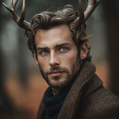 Fototapeta premium Handsome man with antlers in stylish outdoor attire posing confidently in a mystical forest 