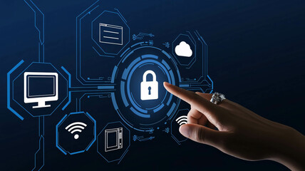 Hand tapping a dark blue, technology-themed computer screen with icons for a security system, cloud storage, and internet network connection. 
