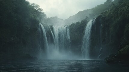 Fototapeta premium Majestic Waterfall Cascading Through Foggy Forest