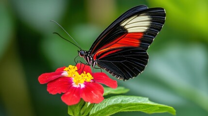 Black and Red Butterfly with White Markings Feeding on a Red Flower