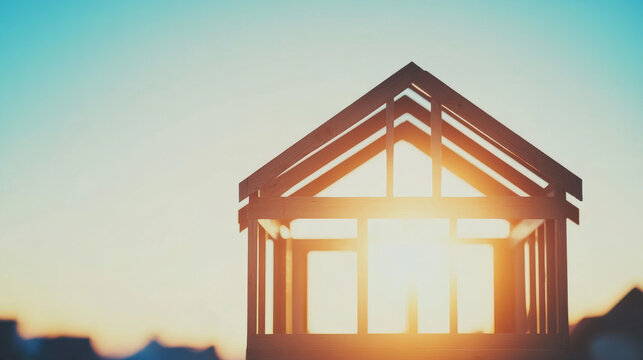 A wooden frame of a house silhouetted against the warm sunset sky. The sun glows brightly behind the structure, emphasizing the framework.