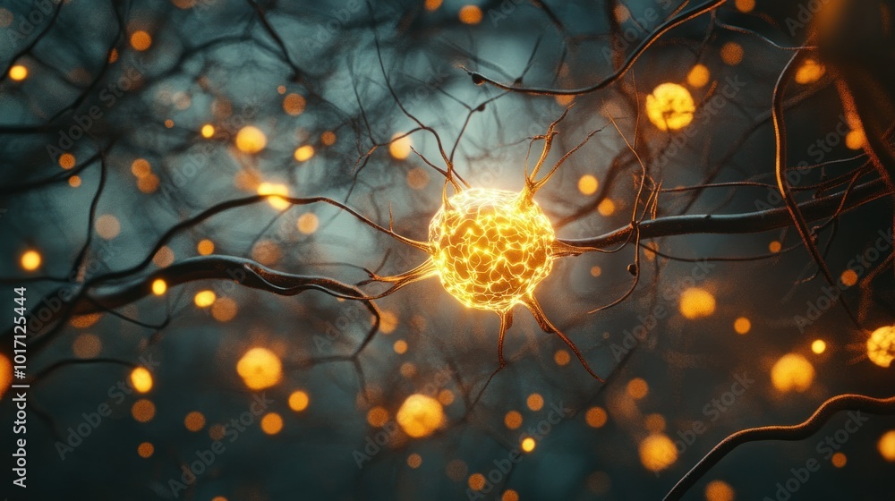 Poster a glowing neuron with branching axons and dendrites