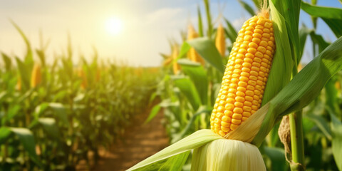 Ripe corn cob growing in agricultural field is waiting for harvest