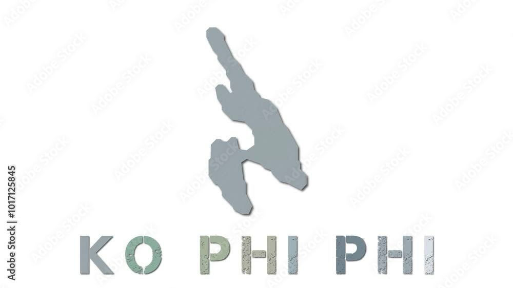 Poster ko phi phi map with paper regions. animated island map growing from regions and title letters fallin