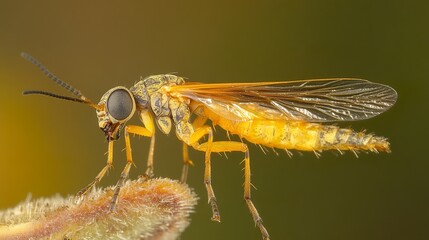 Macro Photography of a Yellow Insect with Delicate Wings