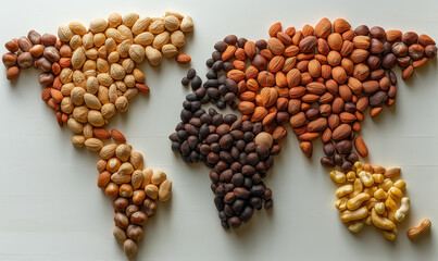 Obraz premium A world map laid out of nuts on a white background.