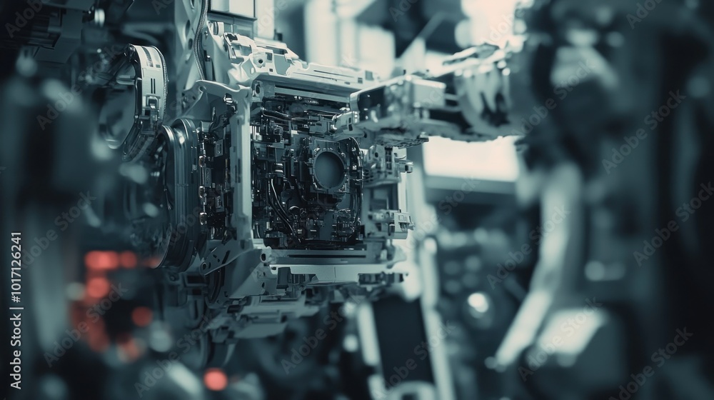 Aufkleber close-up of a complex mechanical system with intricate gears and wiring