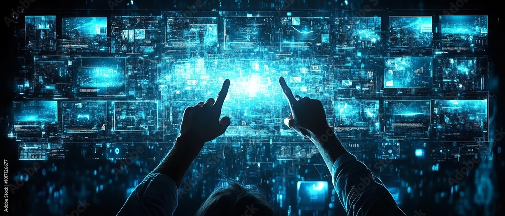 Poster futuristic interface interaction with digital displays