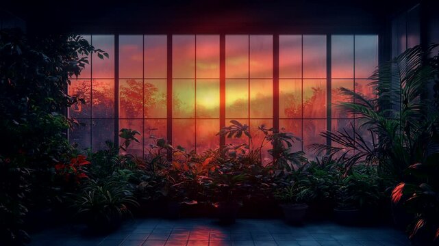 Silhouette of plants against a sunset sky seen through a large window. Seamless looping 4K video background