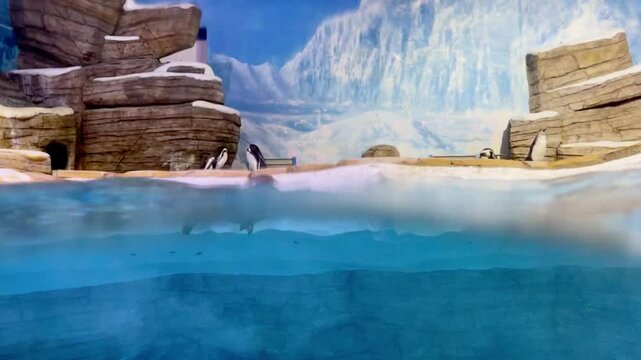 Quick joyful penguin floating and swimming in water inside oceanarium