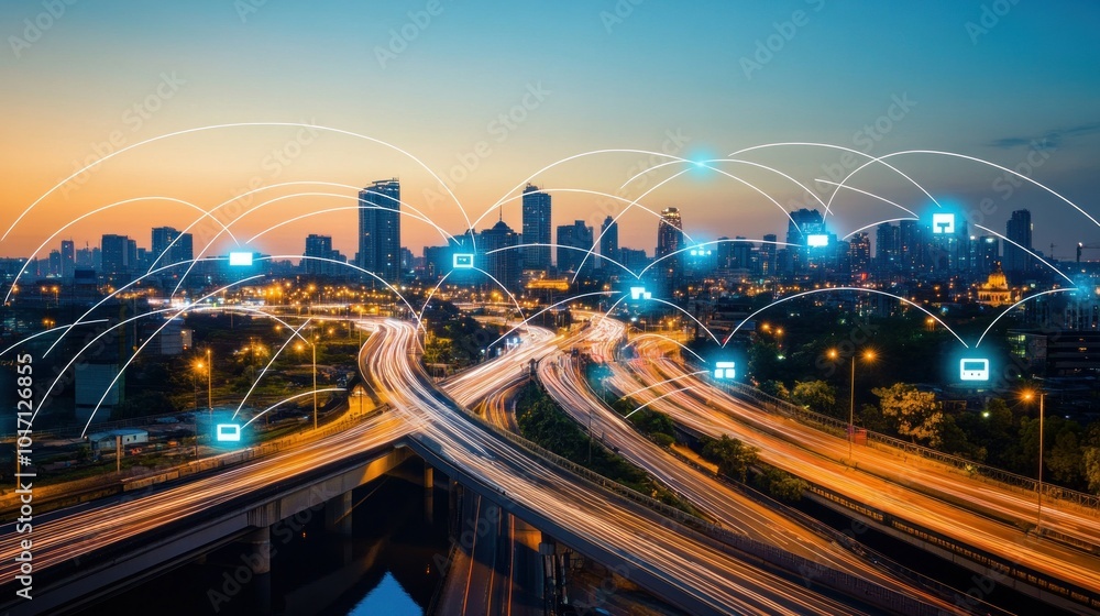 Poster cityscape with connected devices and a network of lines