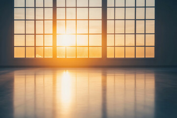 Sunlight streaming through large grid windows, reflecting on a polished floor, creating a warm and tranquil atmosphere.