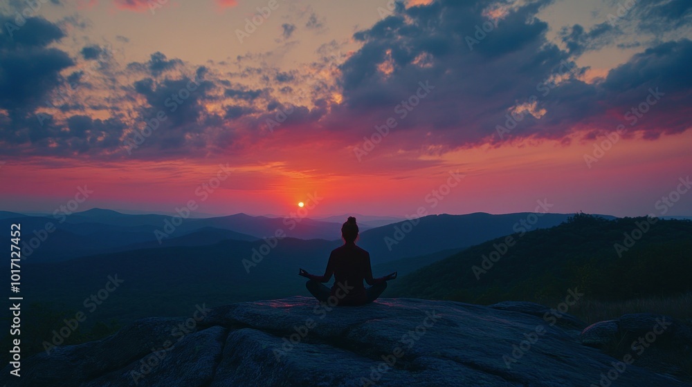 Sticker Silhouetted Figure Meditating on a Mountaintop at Sunset