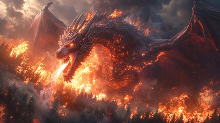 fierce red dragon unleashes a torrent of fire across a dense, smoky forest