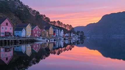 Colorful Houses Reflecting in a Calm Fjord at Sunset