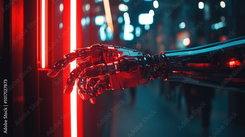 Poster A Robotic Hand Reaching Through a Red Neon Light