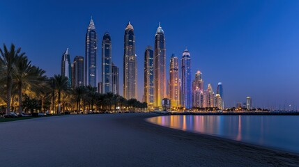 Fototapeta premium Illuminated Skyscrapers on a Beach at Dusk in Dubai