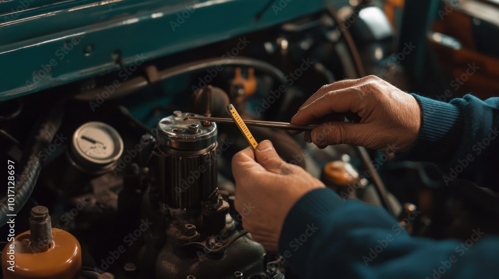 Poster a mechanic's hands using a ruler to measure a car engine part