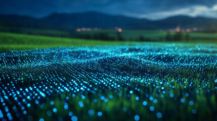 Fototapeta premium Abstract representation of digital waves across a glowing landscape at night