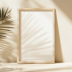 Light wooden frame mockup leaning against a beige wall with plant shadows