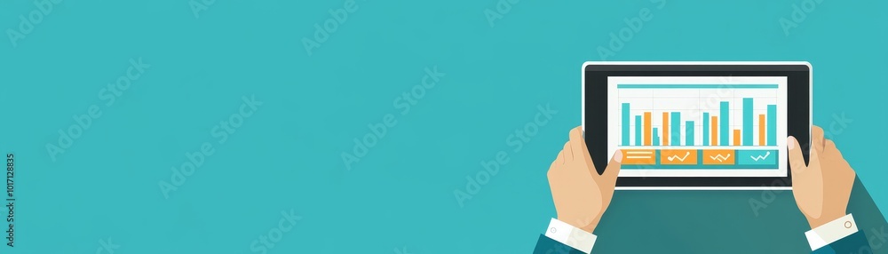 Poster hands holding tablet with colorful graphs and charts