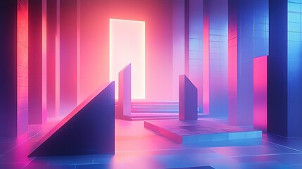 A futuristic space with vibrant colors and geometric shapes, illuminated by a glowing portal surrounded by sleek, stylized structures.
