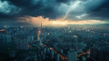 Fototapeta premium Lightning Strikes Over a Dense Cityscape at Dusk