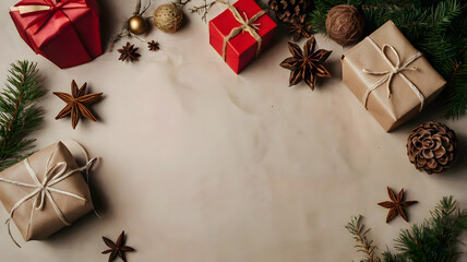 Christmas background with gift boxes and decorations. Top view with copy space