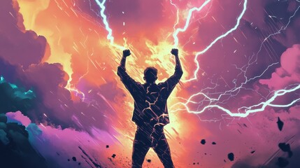 A dramatic scene of a person silhouetted against a vibrant sky, raising their fists as lightning crackles around, symbolizing empowerment and energy.