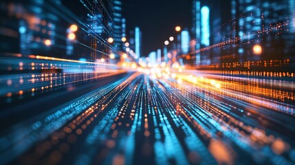 Abstract Cityscape with Blurred Lights and Digital Data Streams