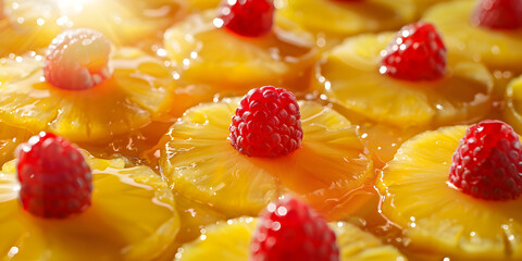 A closeup of slice pineapple upside down cake with a caramelized top.