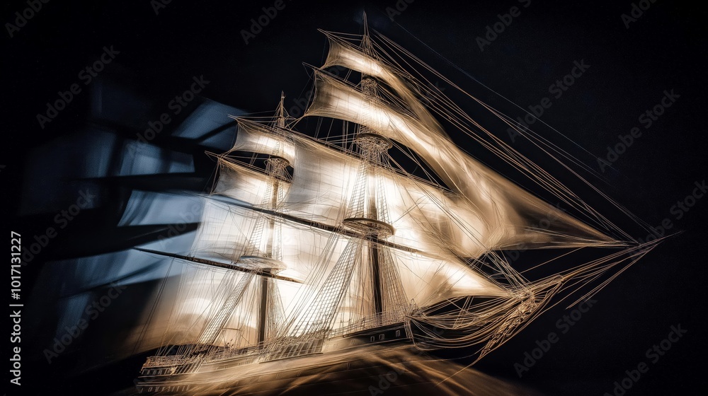 Poster Glowing sailing ship on abstract blue waves, blending maritime themes with futuristic digital art in an ethereal light display