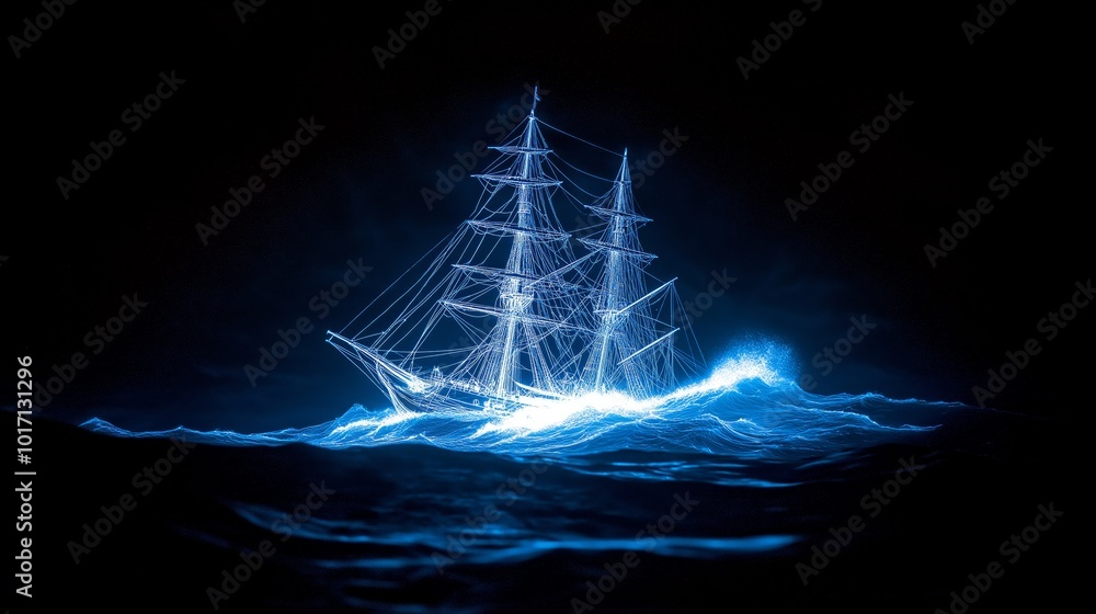 Poster Glowing sailing ship on abstract blue waves, blending maritime themes with futuristic digital art in an ethereal light display, Generative Ai