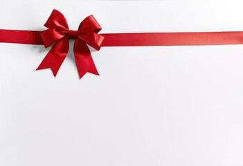 Red glossy ribbon with bow on white background. Minimalist composition, simplicity and elegance. For holiday, celebration-themed designs, present-related graphics, gift promotions, festive events