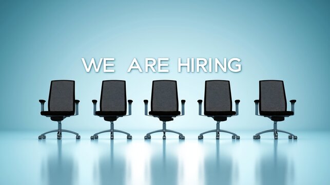 Five empty chairs with "We Are Hiring" text, emphasizing the search for new talent, recruitment opportunities, and available positions in a corporate environment, Generative Ai