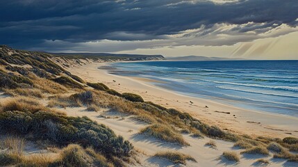 Coastal Landscape with Dramatic Sky and Sun Rays