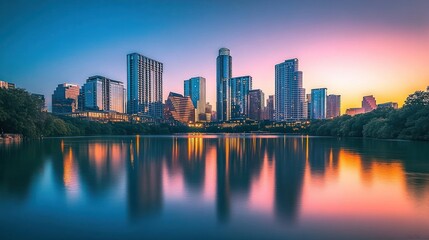 Obraz premium Modern City Skyline Reflected in a Calm Lake at Sunset