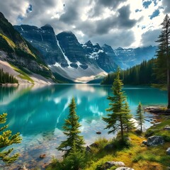 An amazing image of a nature with a mirror gloss lake and beautiful mountains and trees.