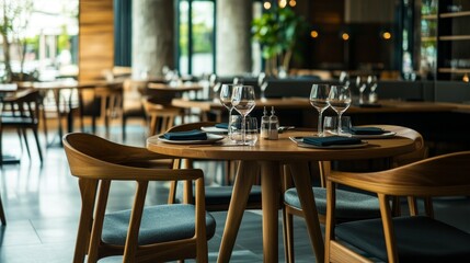 Modern, elegant restaurant interior with contemporary furniture. Wooden chairs and tables set with glassware and plates create an inviting dining experience.