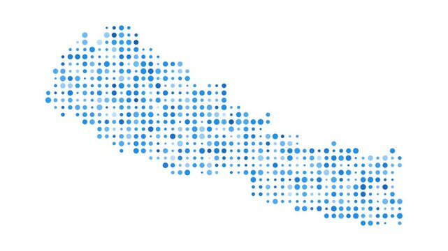 Nepal dotted digital map. Map of Nepal with pulsating colored circles. Shape of the country filled with blue disks. Elegant video.