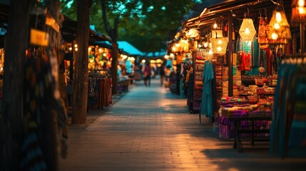 Obraz premium Illuminated Night Market Stalls with Hanging Lanterns