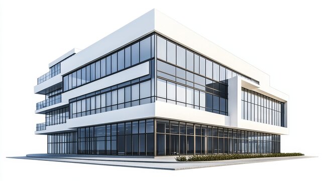 Modern office building isolated on white, featuring a clipping path for easy extraction.