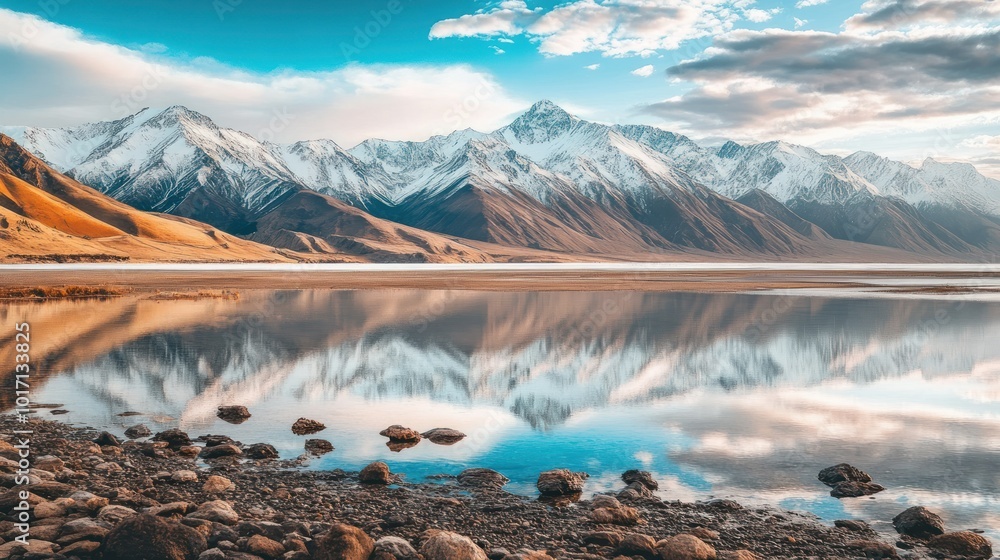 Poster Mountain Range Reflection in Still Water with Rocky Shore