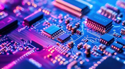 Obraz premium Close-up of a Circuit Board with Neon Lights