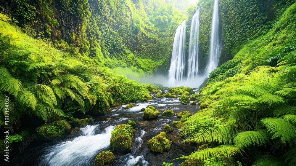 Poster Lush Green Forest with Cascading Waterfall and Stream