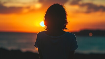 Fototapeta premium Silhouette of a Person at Sunset Over the Ocean